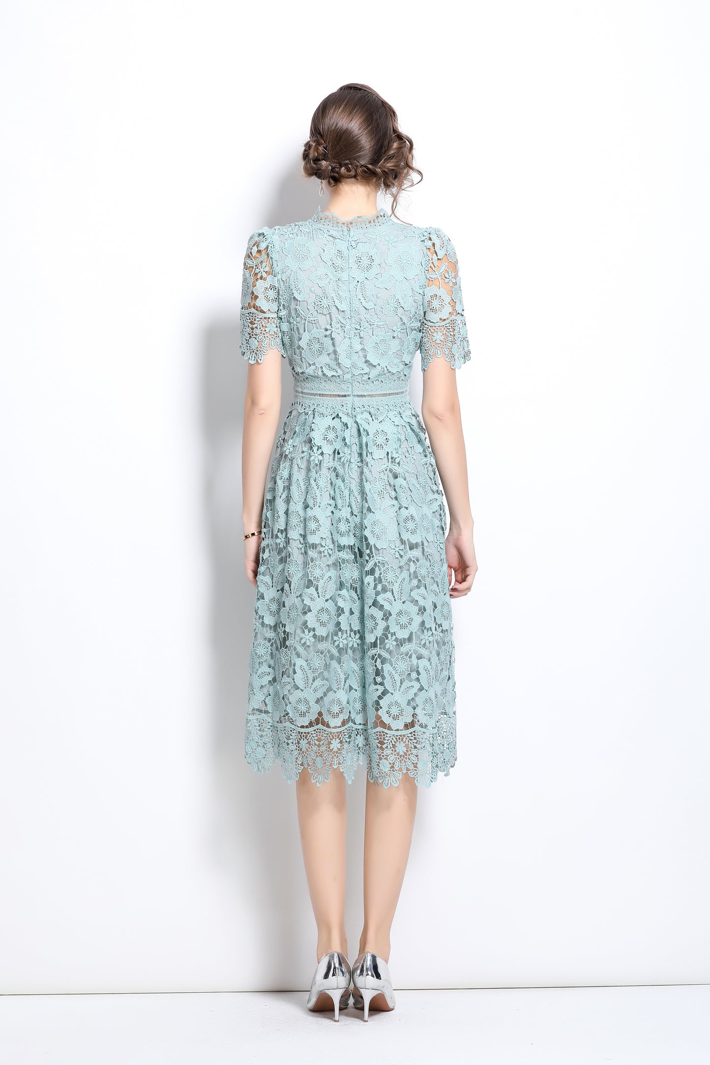 Women's Floral Lace Waist Crochet Midi Dress