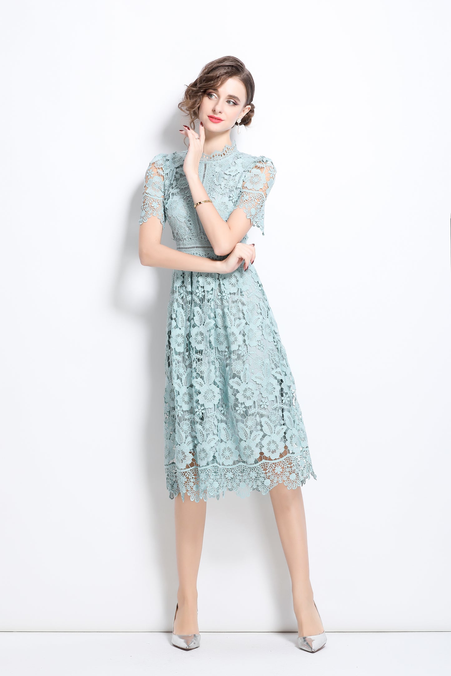 Women's Floral Lace Waist Crochet Midi Dress