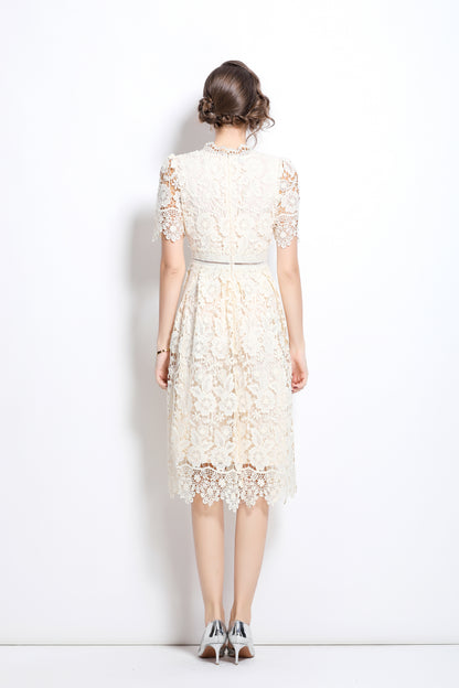 Women's Floral Lace Waist Crochet Midi Dress