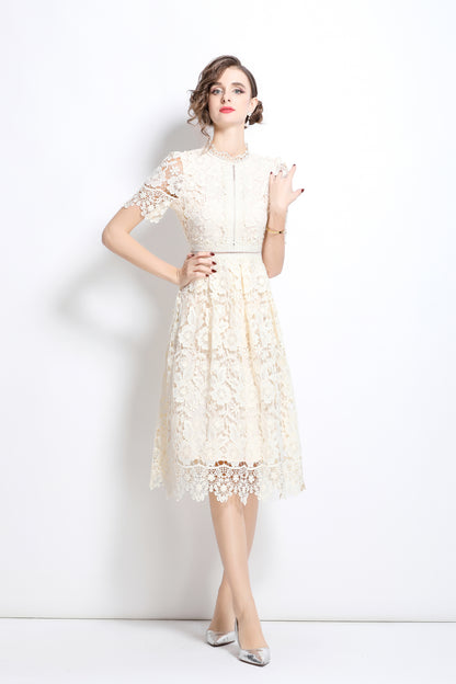 Women's Floral Lace Waist Crochet Midi Dress