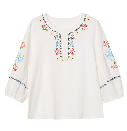 Lightweight Chic Floral Embroidered 3/4 Sleeve Summer Blouse