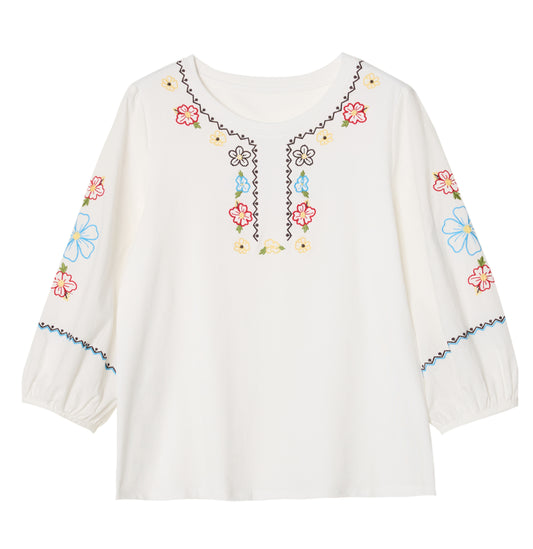 Lightweight Chic Floral Embroidered 3/4 Sleeve Summer Blouse