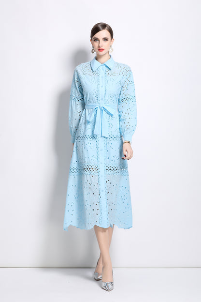 Puff Sleeves Shirt Collar Midi Dress