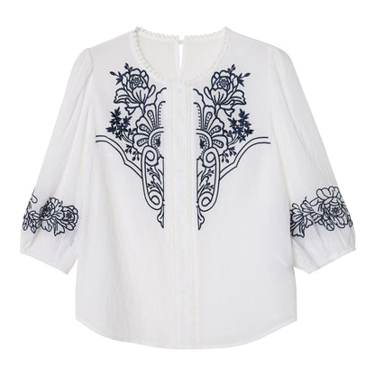 Casual Chic Boho Floral Embroidered 3/4 Sleeve Summer Blouse