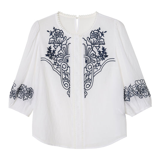 Casual Chic Boho Floral Embroidered 3/4 Sleeve Summer Blouse