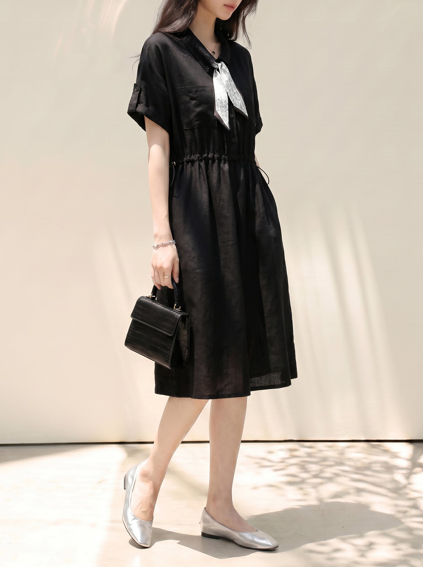 Black Tie-Waist Shirt Dress