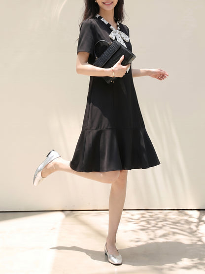 Polka Dot Tie-Neck Black Dress | Elegant Summer Day Dress