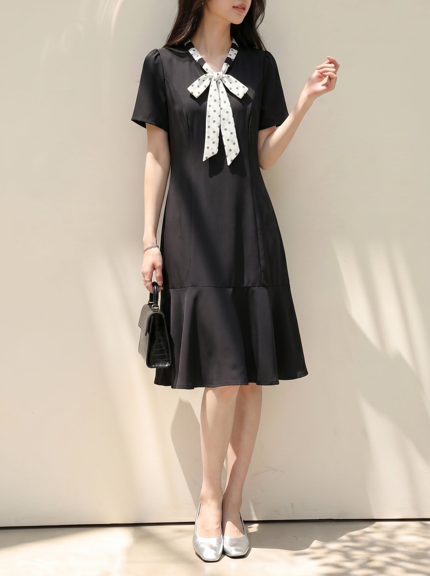 Polka Dot Tie-Neck Black Dress | Elegant Summer Day Dress