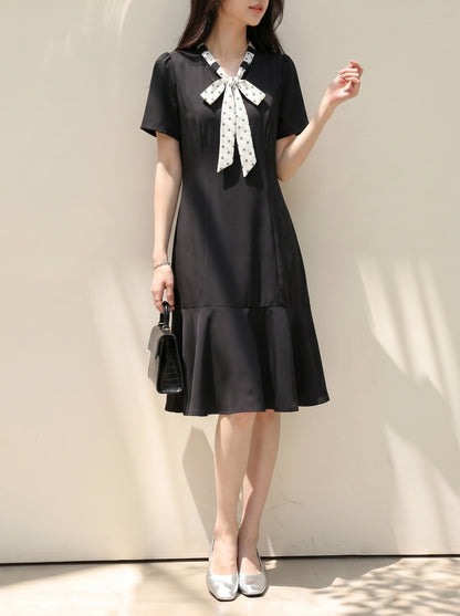 Polka Dot Tie-Neck Black Dress | Elegant Summer Day Dress