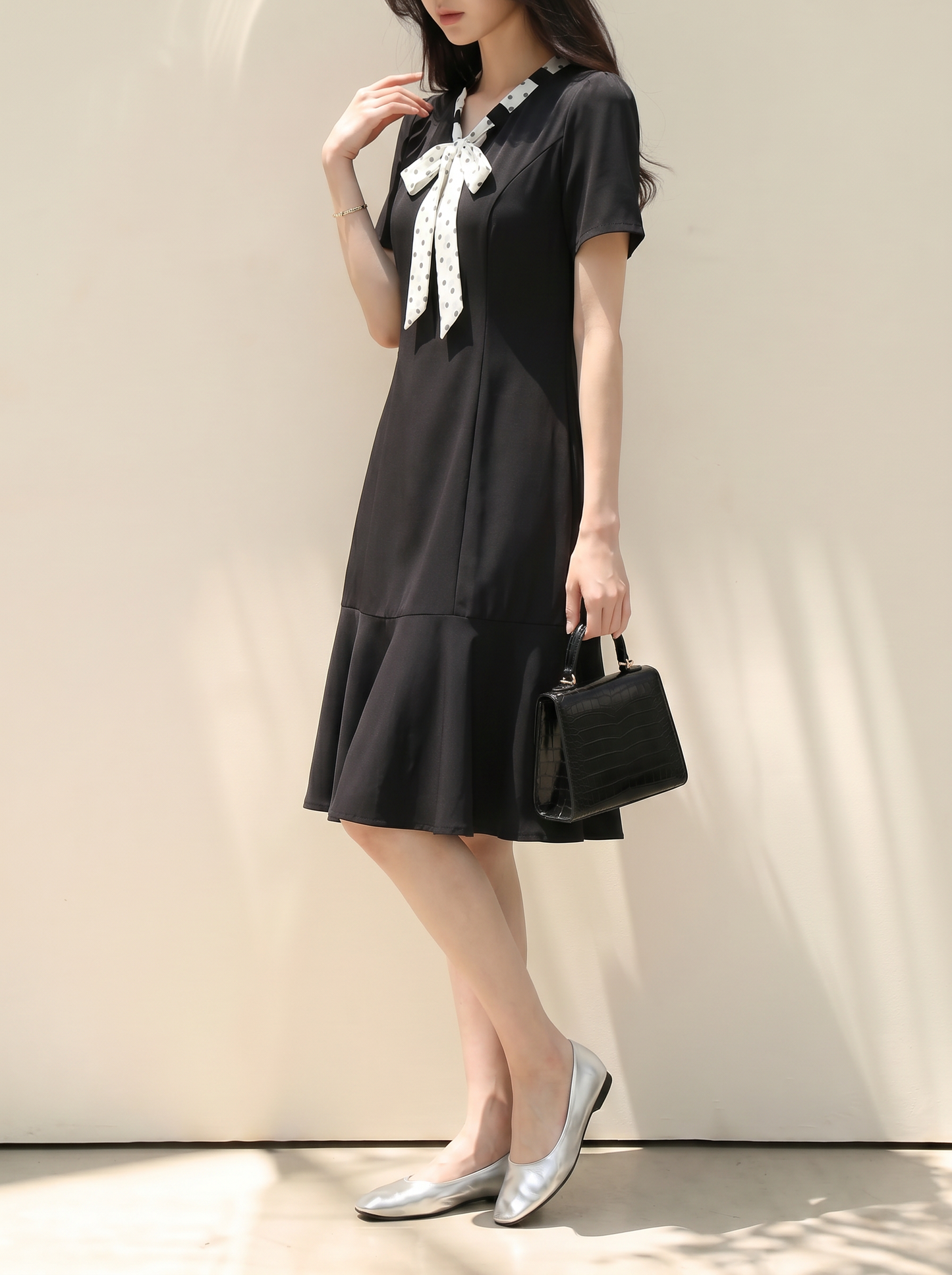 Polka Dot Tie-Neck Black Dress | Elegant Summer Day Dress