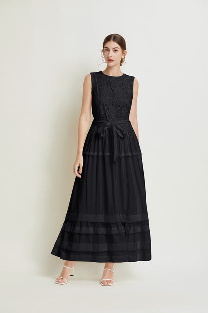 Sleeveless Belted Layered Lace Maxi Dress