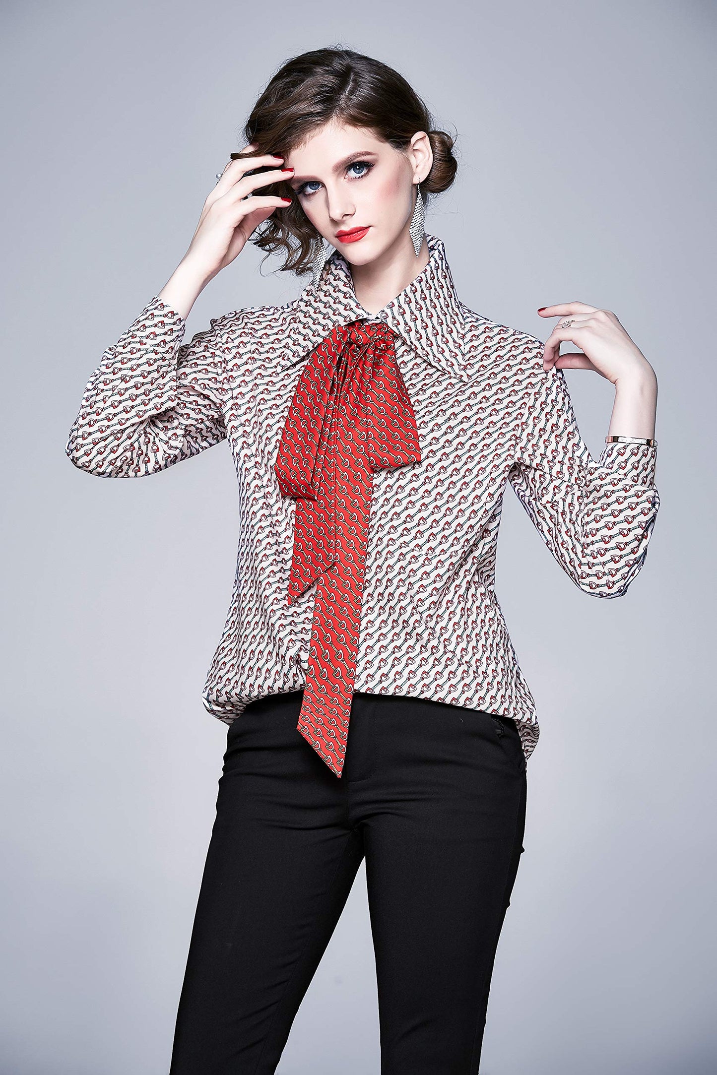 B20-Women's Tie Neck Print Long Sleeve Blouse Top