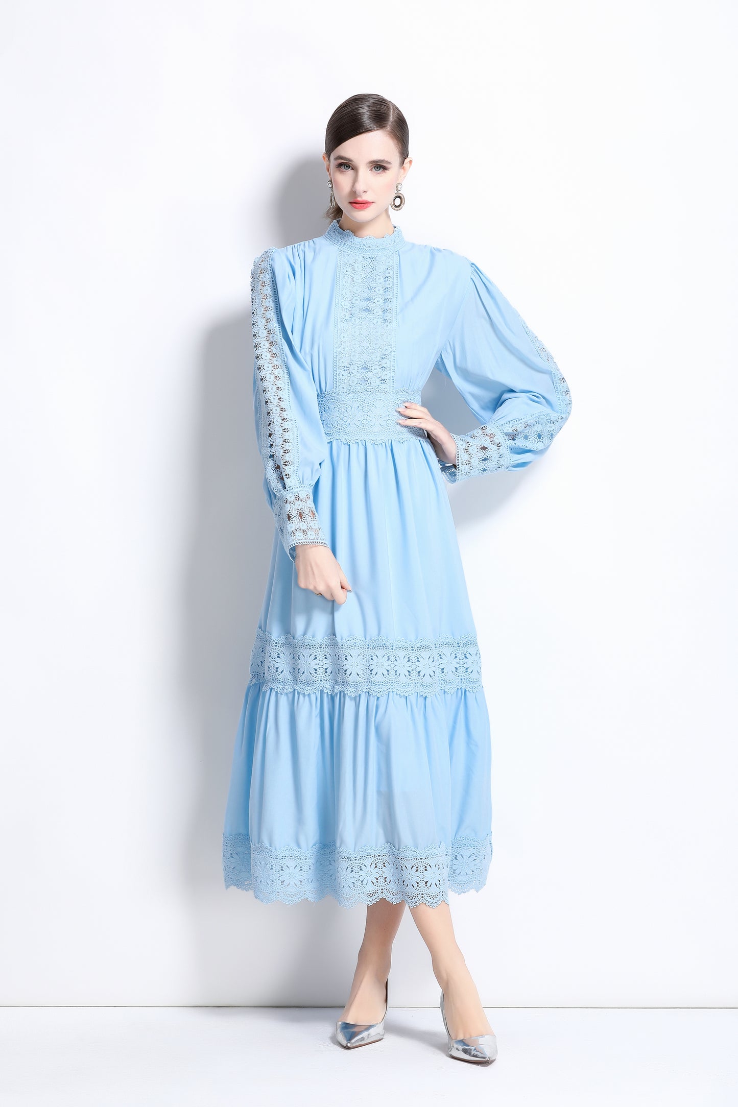 Women's Palace Long Puff Sleeve Lace Maxi Dress