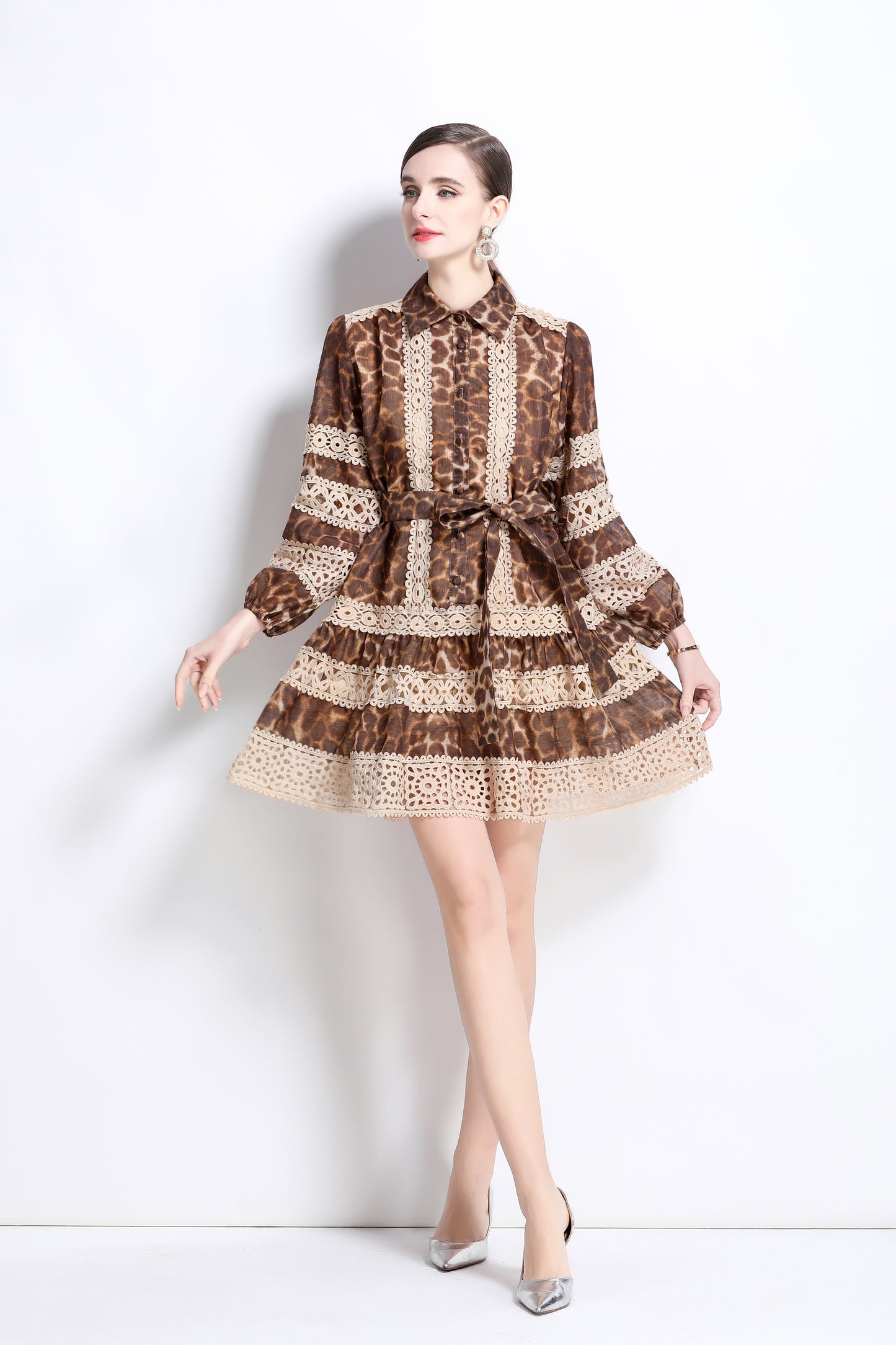 Women's Leopard Print Lace Puff Slleve Mini Dress