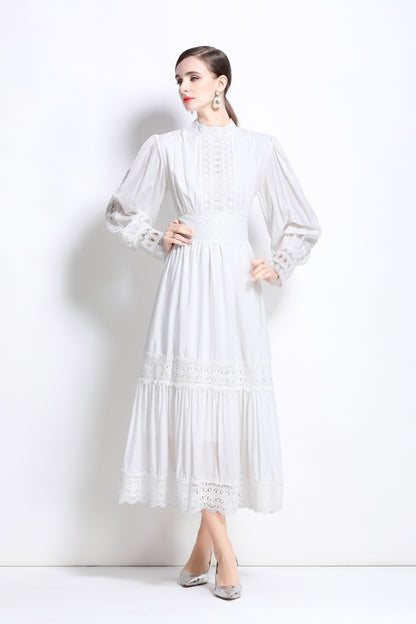 Women's lace Puff sleeve solid color maxi dress