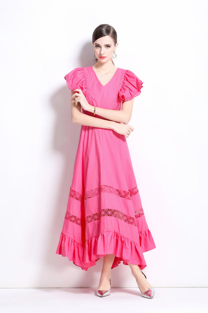 Women's V Neck Lace Ruffles Irregular Hem Maxi Dress