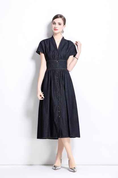 Women's Retro Denim V-neck MidI Dress