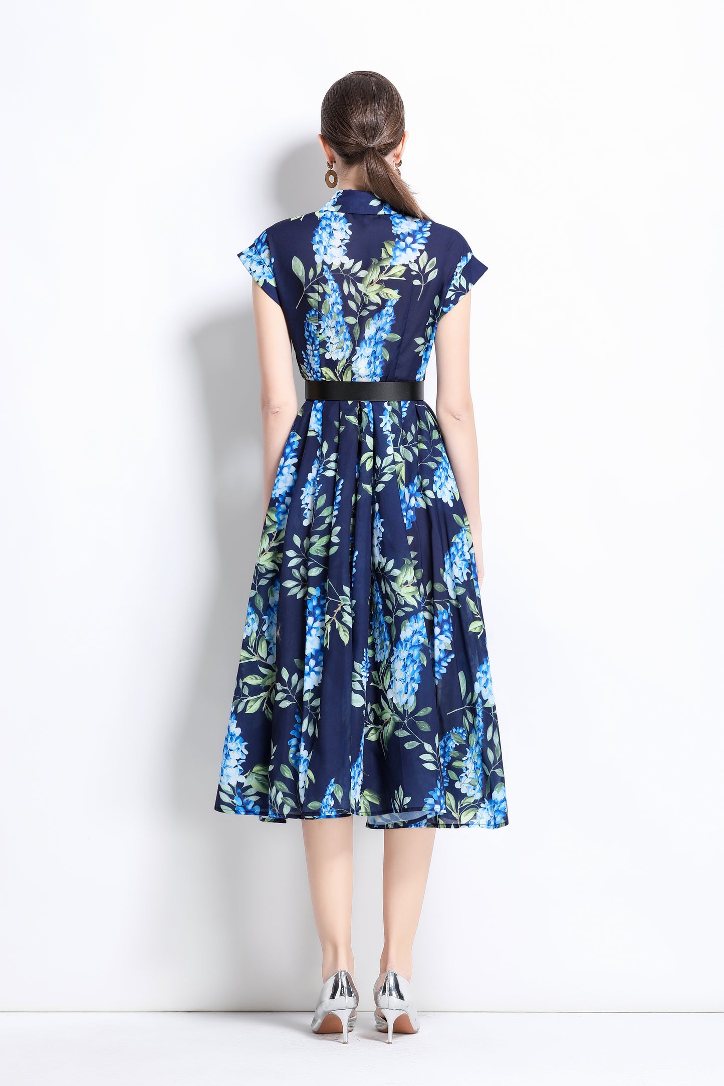 Women's Printed Collar Neck Short Sleeve MIDI Dress