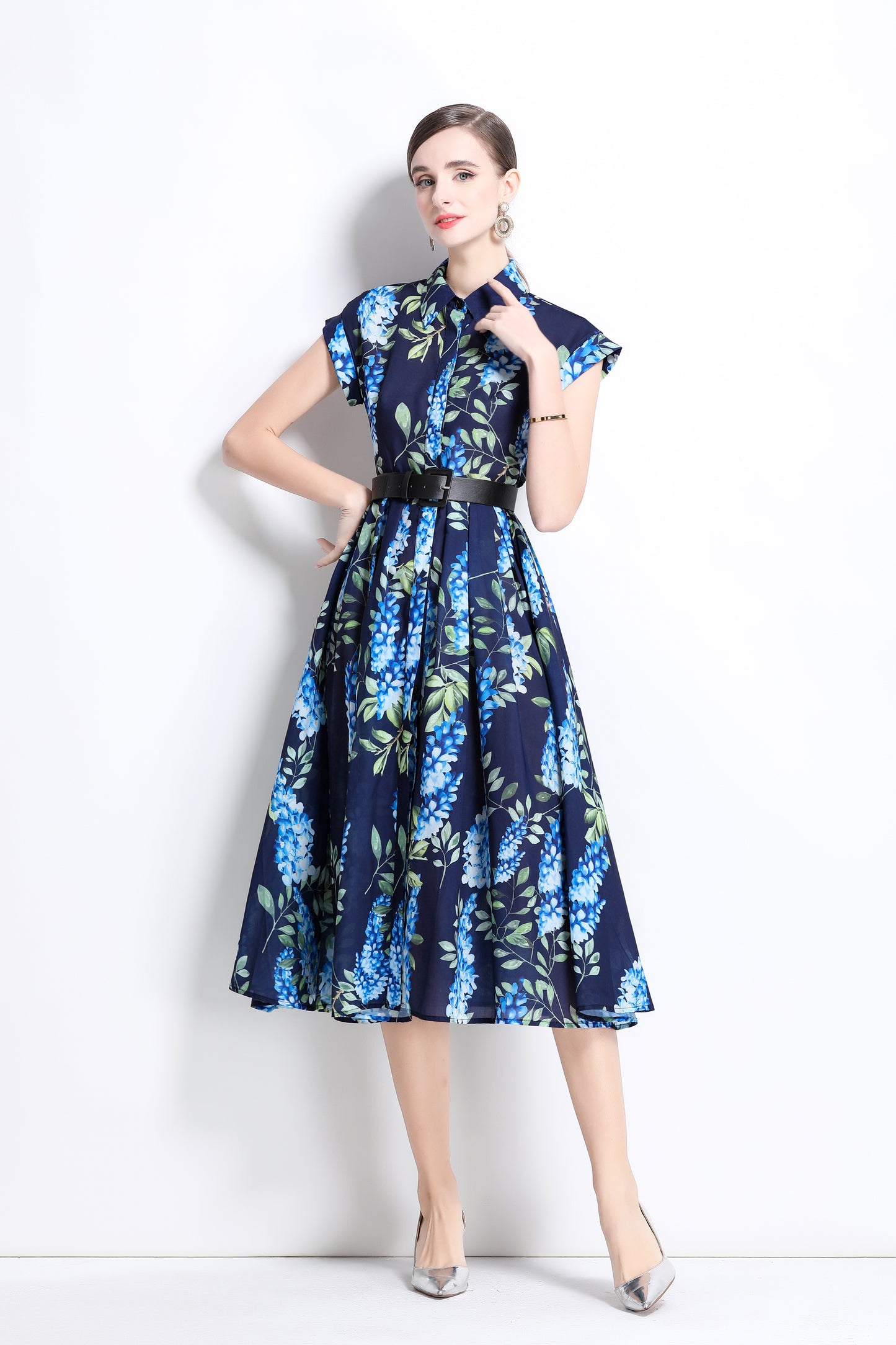 Women's Printed Collar Neck Short Sleeve MIDI Dress