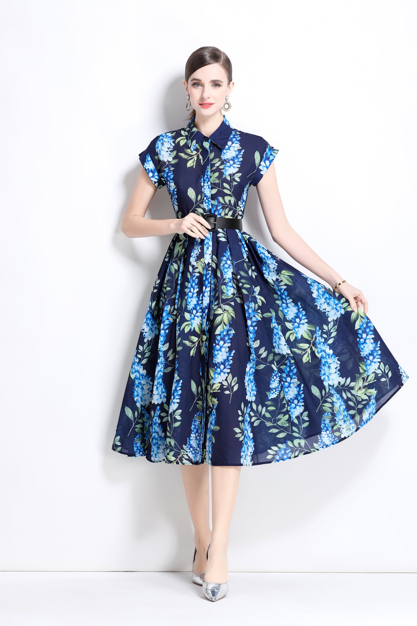 Women's Printed Collar Neck Short Sleeve MIDI Dress