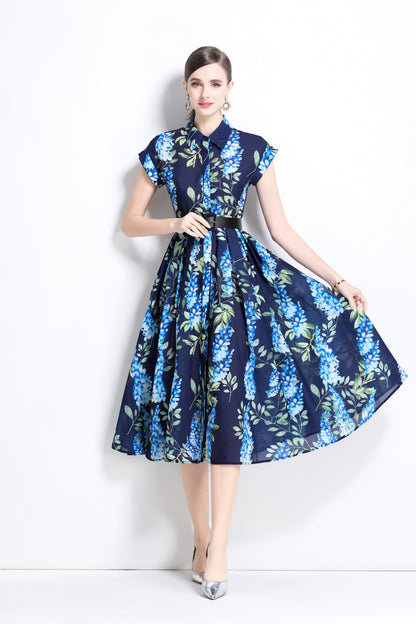 Women's Printed Collar Neck Short Sleeve MIDI Dress