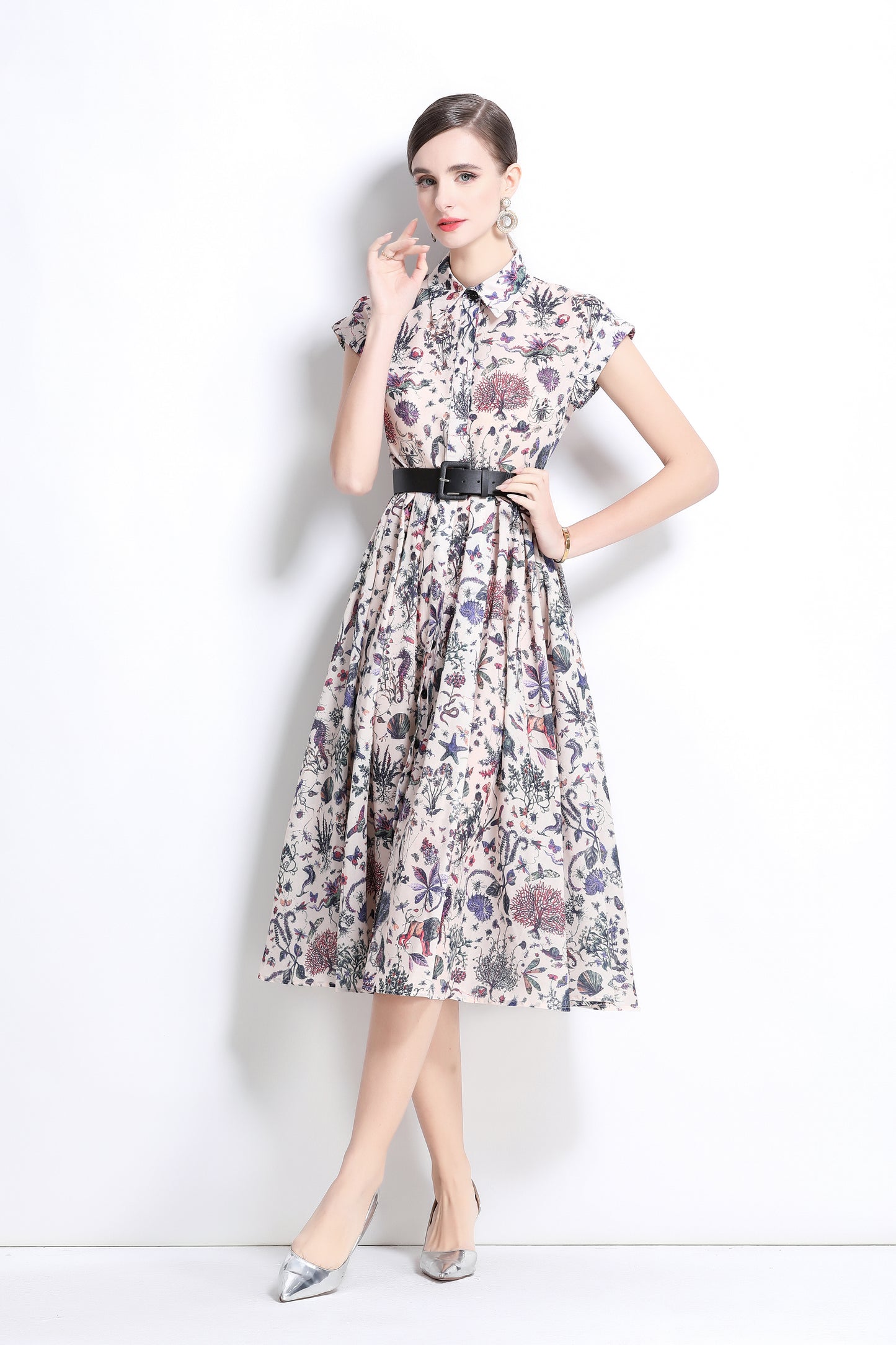 Women's Printed Collar Neck Short Sleeve MIDI Dress