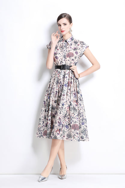 Women's Printed Collar Neck Short Sleeve MIDI Dress