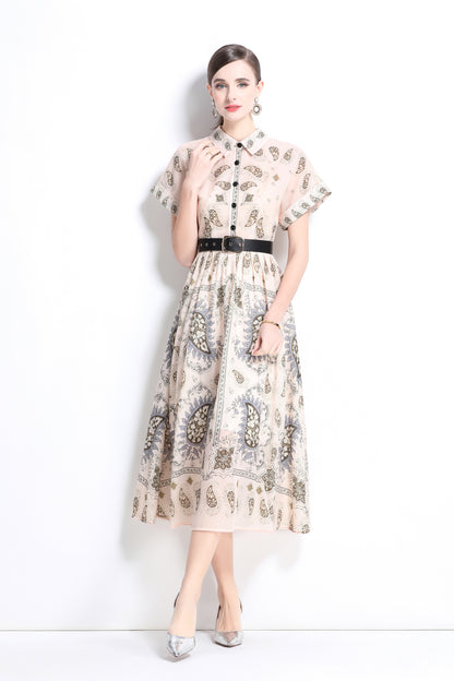 Women's Printed Collar Neck Short Sleeve MIDI Dress