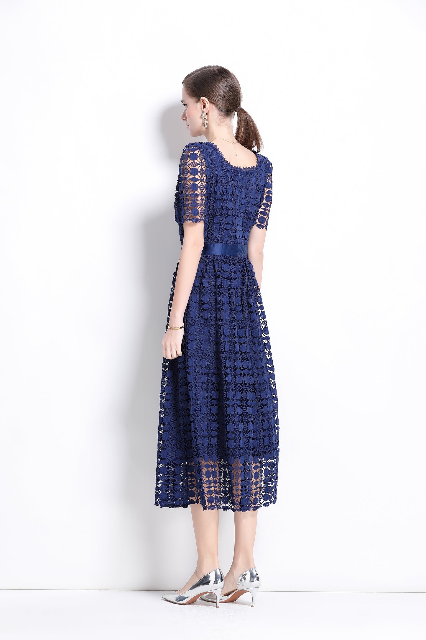 Women's Square Neck Hollow Lace Midi Dress