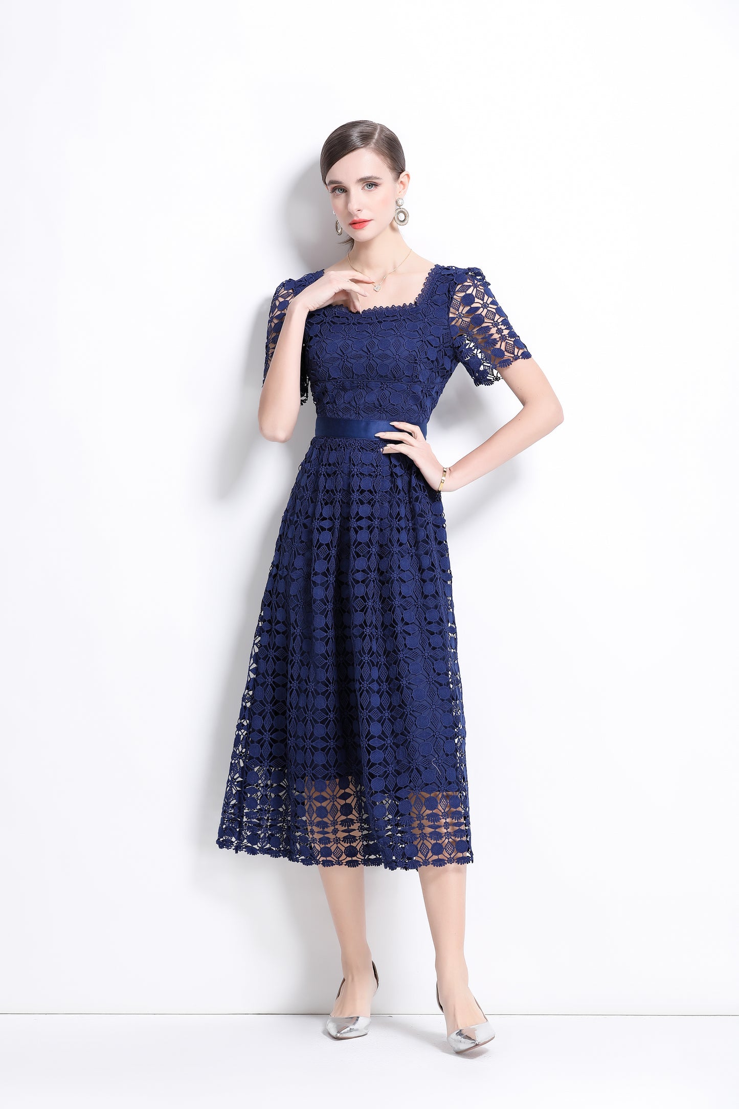 Women's Square Neck Hollow Lace Midi Dress