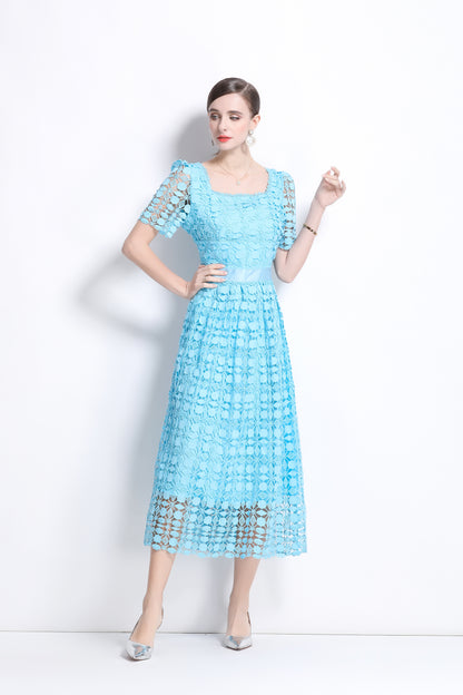 Women's Square Neck Hollow Lace Midi Dress