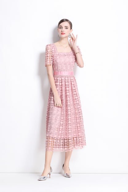 Women's Square Neck Hollow Lace Midi Dress