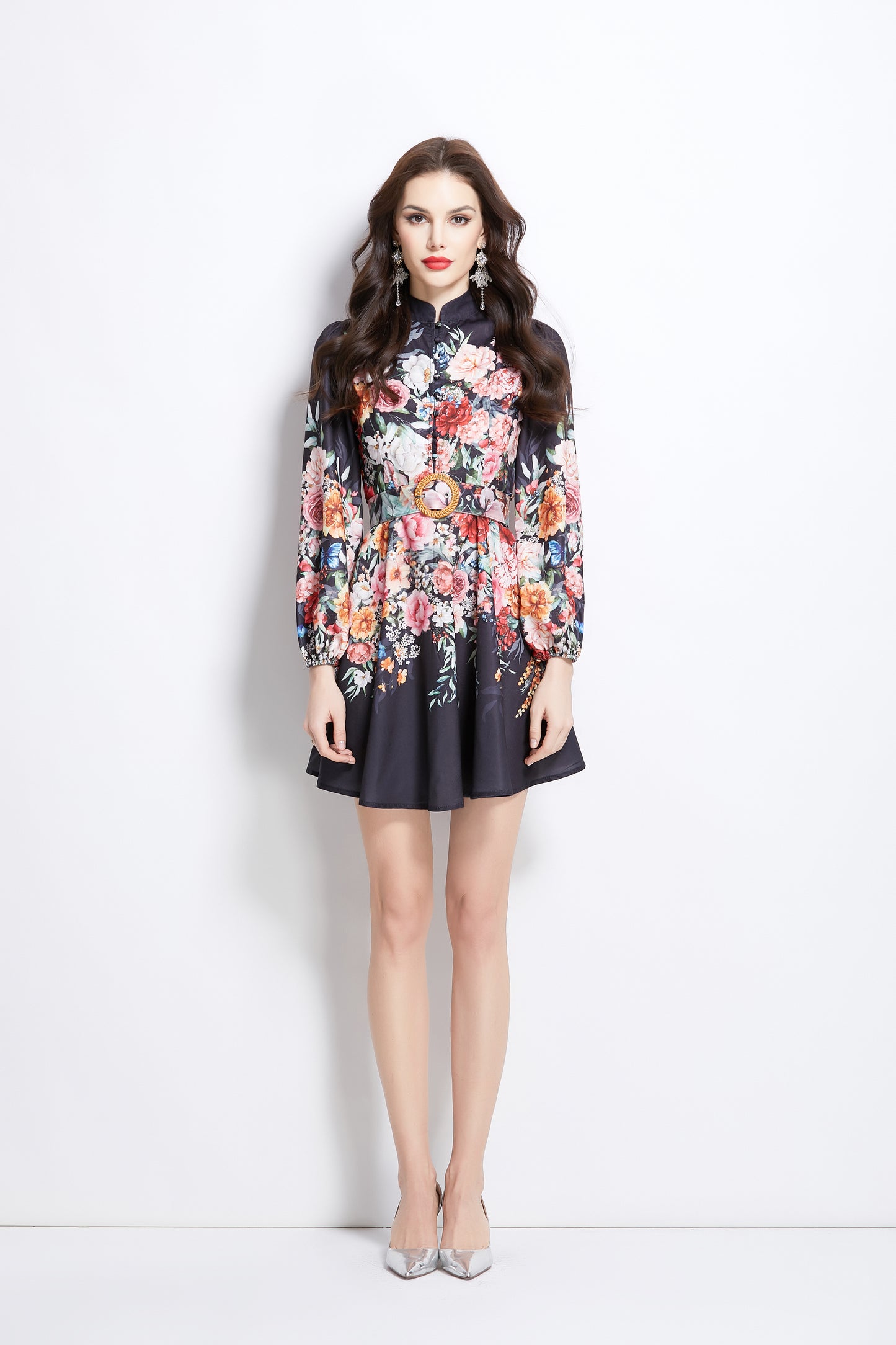 Women's Lantern Sleeve Floral Print Mini Dress