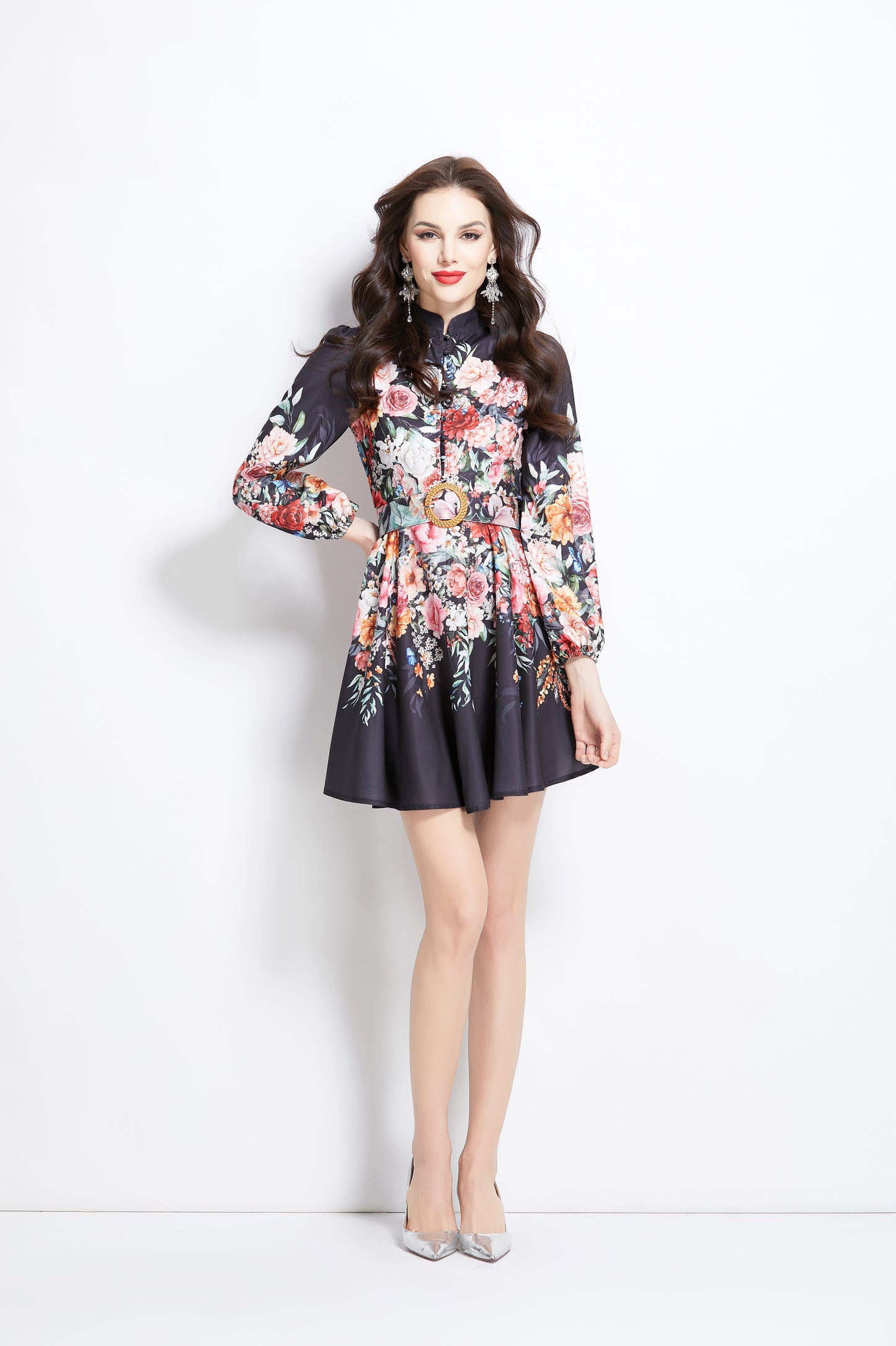 Women's Lantern Sleeve Floral Print Mini Dress