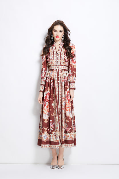 Women's Floral Print V-Neck Button up Slit Maxi Dress