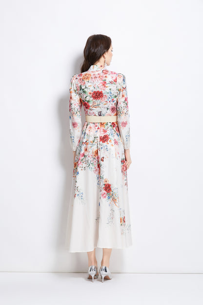 Women's Floral Print Lantern Sleeve Slit Maxi Dress