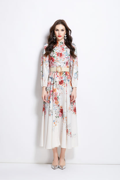 Women's Floral Print Lantern Sleeve Slit Maxi Dress