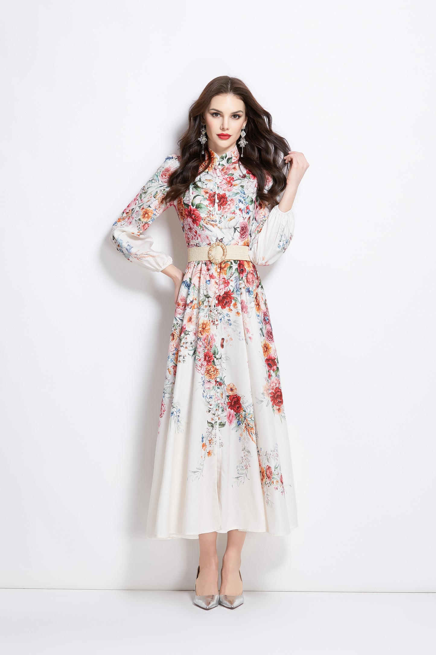 Women's Floral Print Lantern Sleeve Slit Maxi Dress