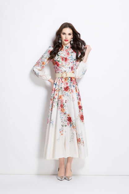 Women's Floral Print Lantern Sleeve Slit Maxi Dress