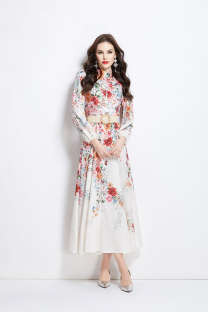 Women's Floral Print Lantern Sleeve Slit Maxi Dress