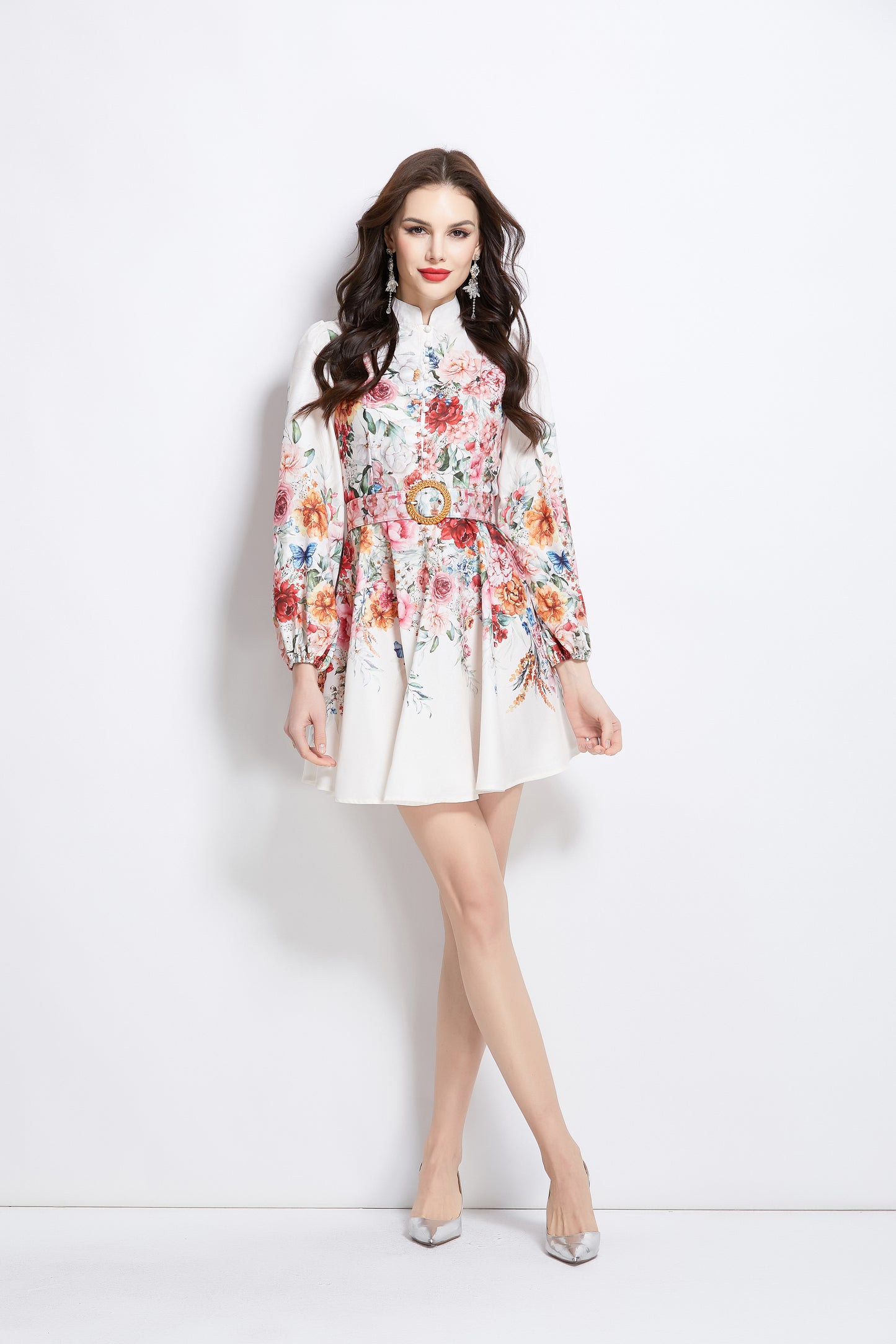 Women's Lantern Sleeve Floral Print Mini Dress