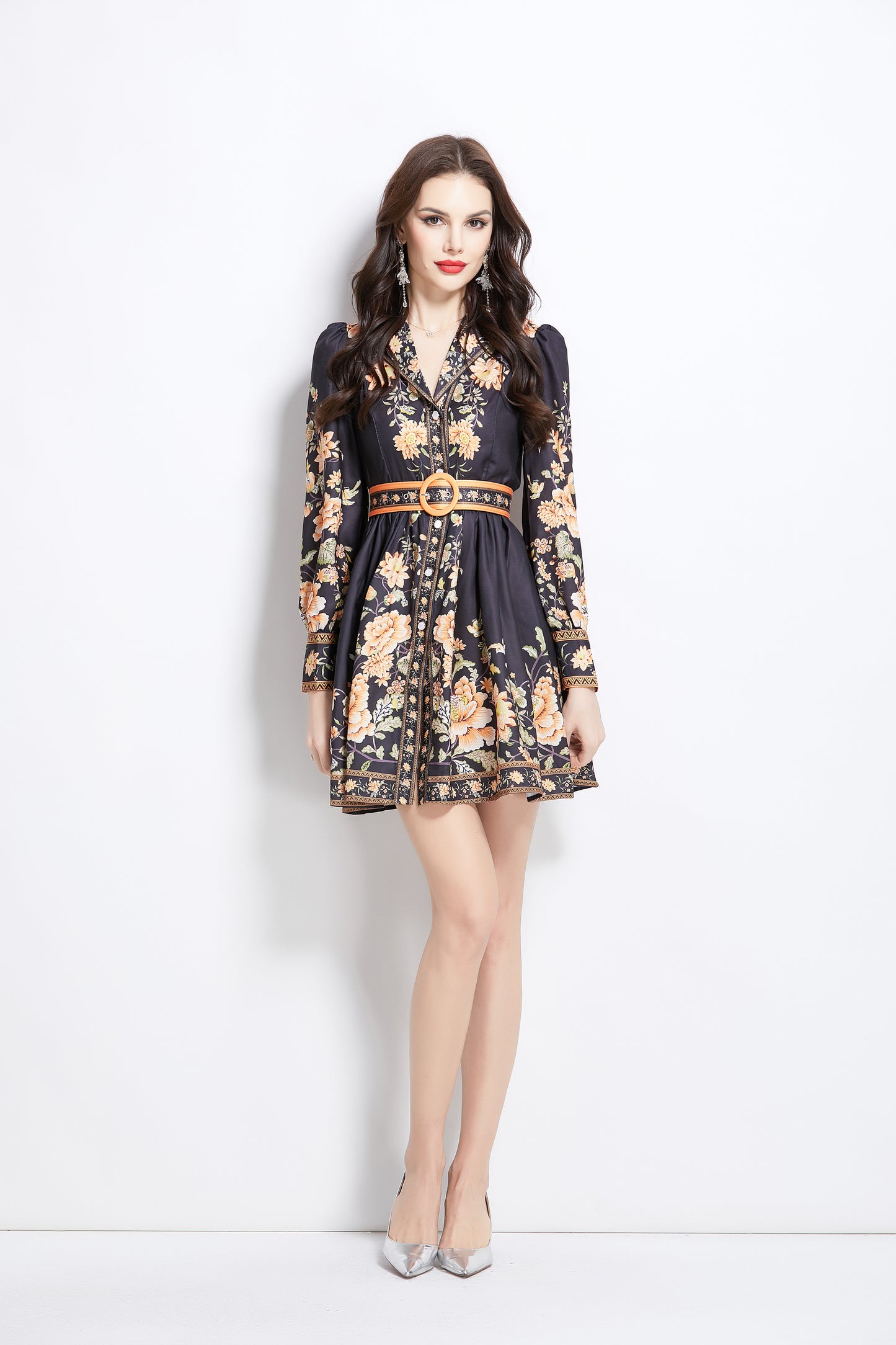 Women's Lapel V-Neck Floral Print Pleats Mini Dress