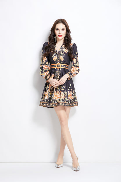 Women's Lapel V-Neck Floral Print Pleats Mini Dress