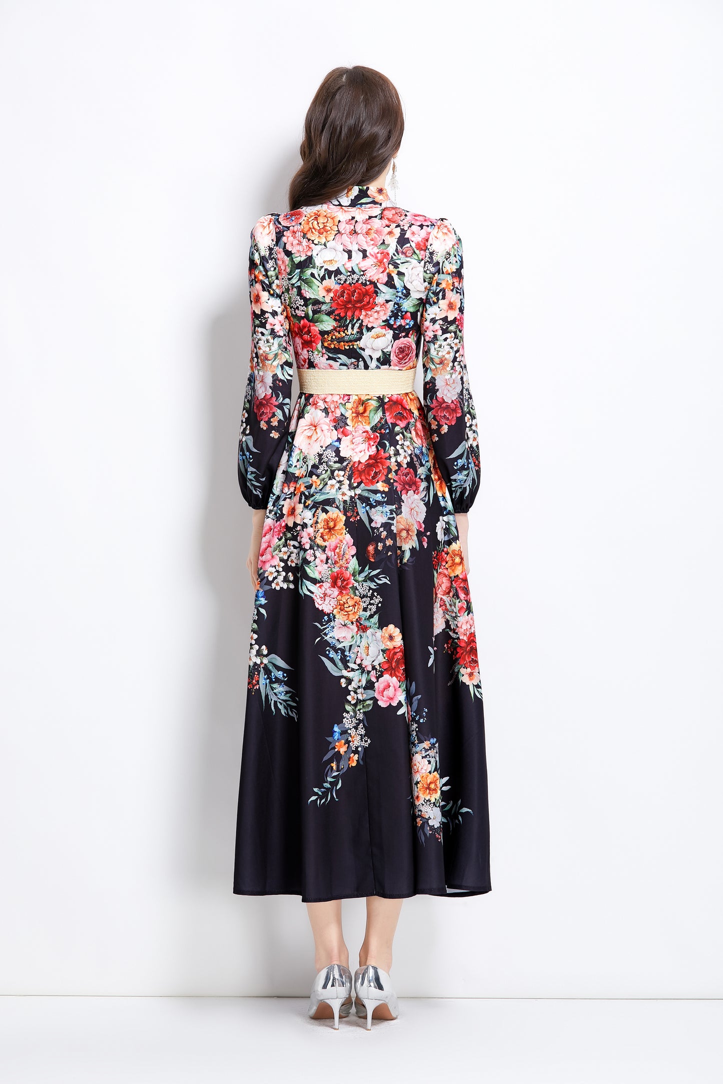 Women's Floral Print Lantern Sleeve Slit Maxi Dress