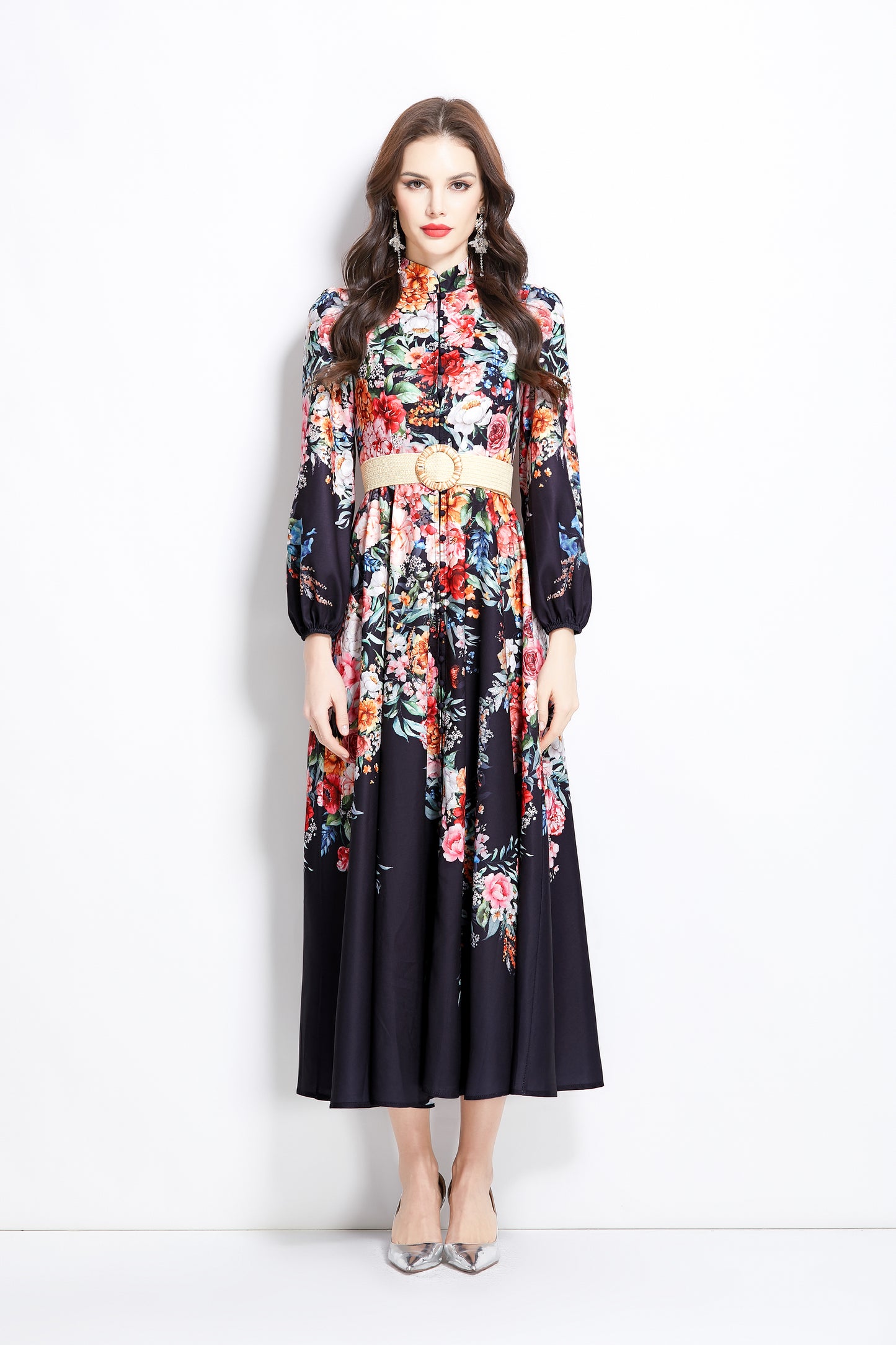 Women's Floral Print Lantern Sleeve Slit Maxi Dress