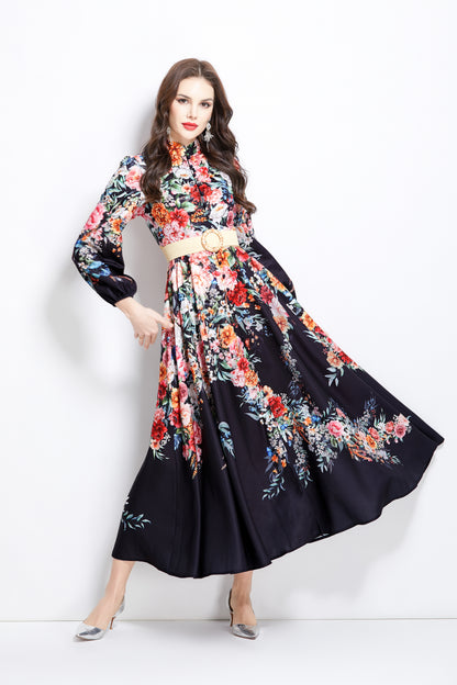 Women's Floral Print Lantern Sleeve Slit Maxi Dress