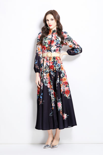 Women's Floral Print Lantern Sleeve Slit Maxi Dress