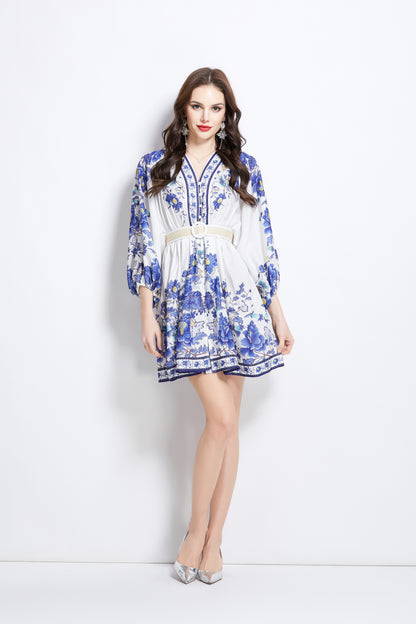 Women's V-Neck Floral Print Mini Dress