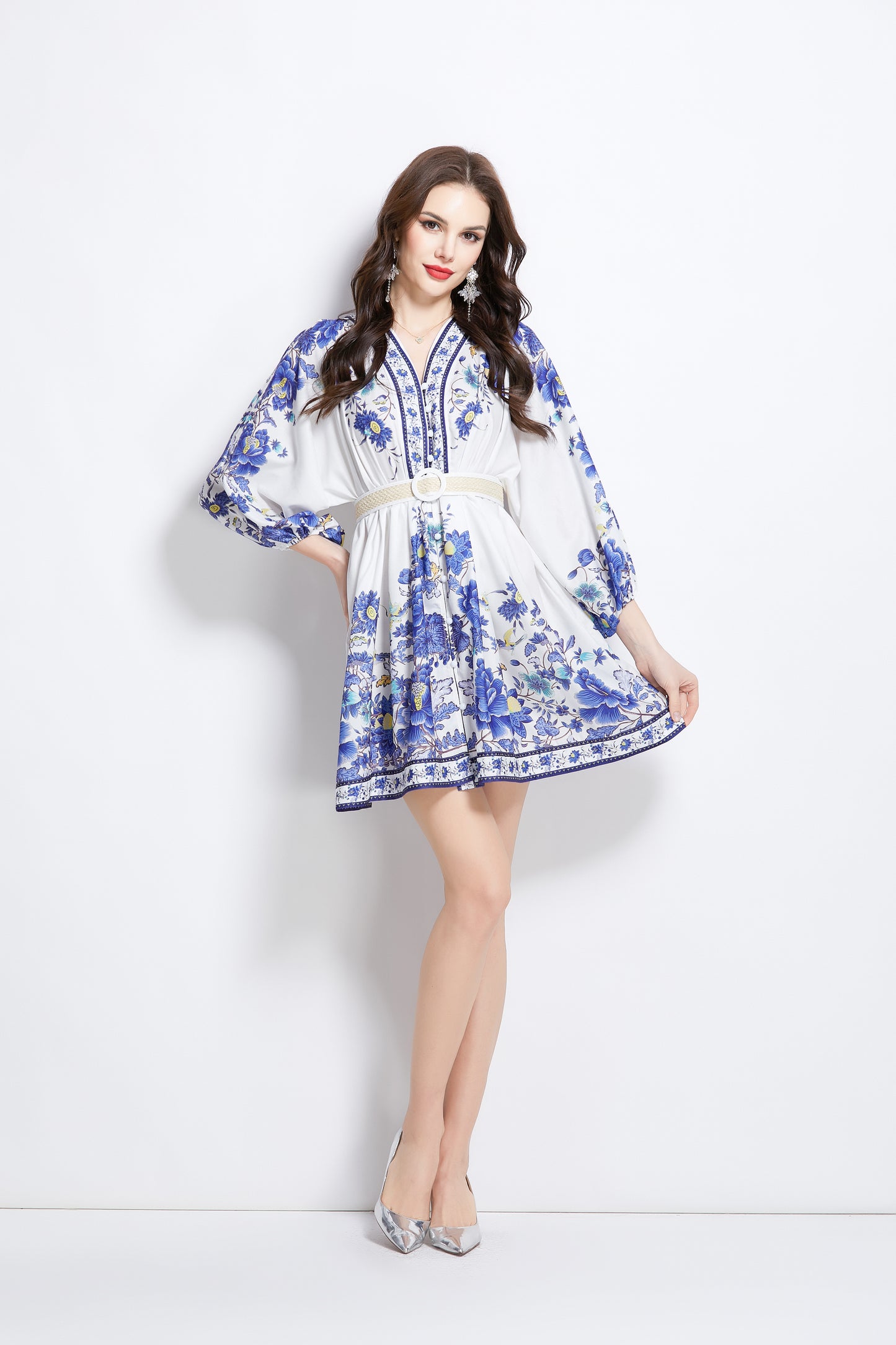 Women's V-Neck Floral Print Mini Dress