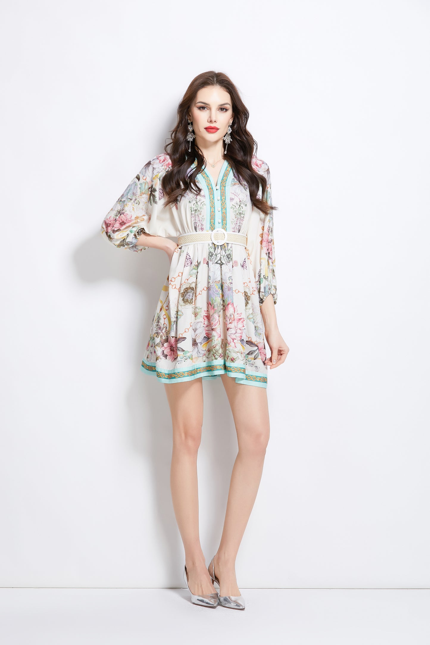 Women's V-Neck Floral Print Mini Dress